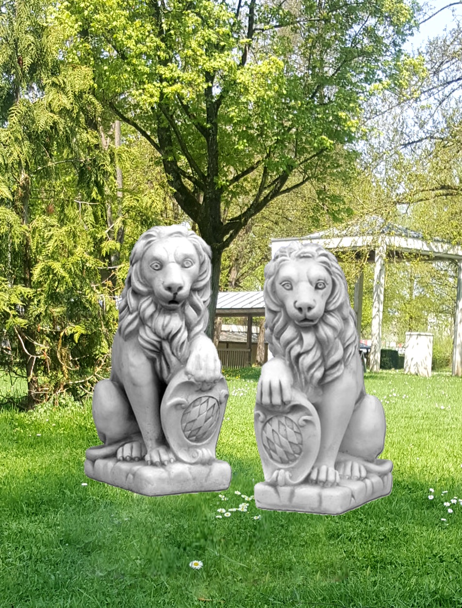 Löwen-Statuen Paar Mit Schild – Steinfiguren 54 Cm Hoch, 80 Kg, Frostsicher, Aus Steinguss, Grau