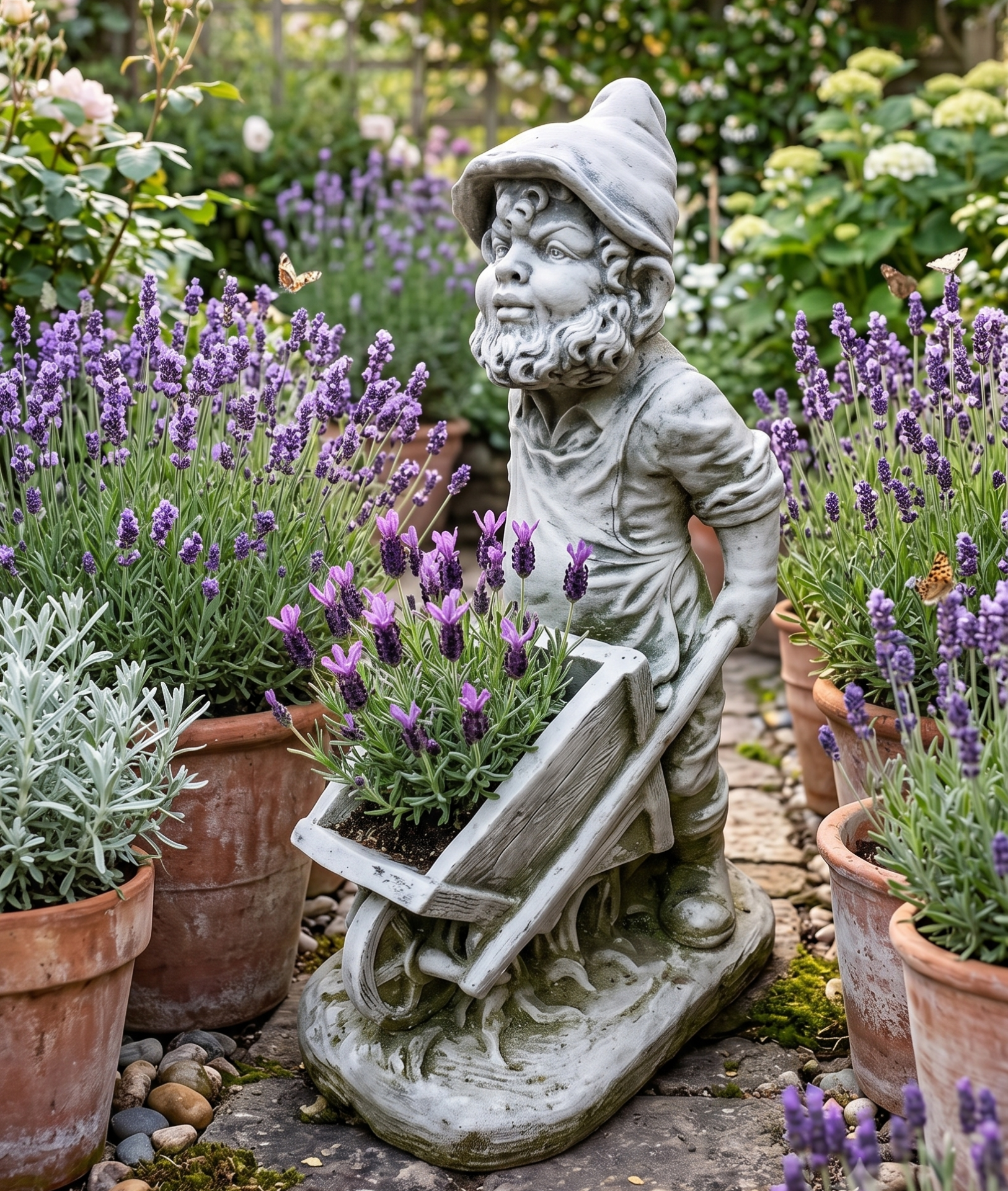 Gartenstatue eines bärtigen Mannes mit Hut, umgeben von Lavendelblüten und Schmetterlingen.