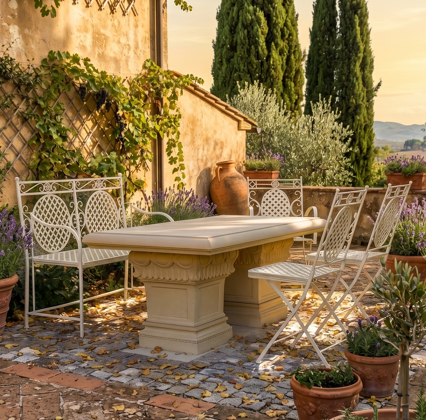 Sonniger Garten mit weißem Metall-Set, Steintisch, Lavendelbeeten und hohen Zypressen vor einer Mauer.